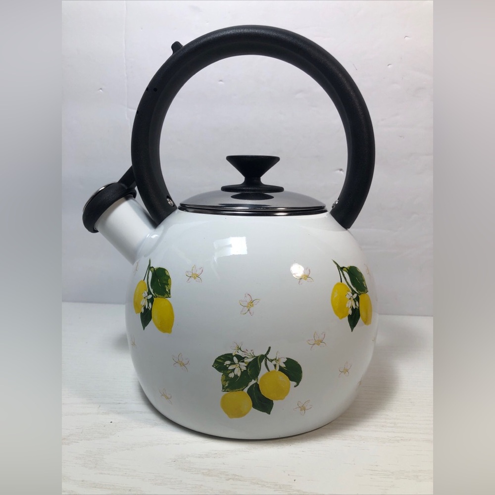New Martha Stewart Collection Lemon Enamel on Steel Whistling Tea Kettle 1.4Qt